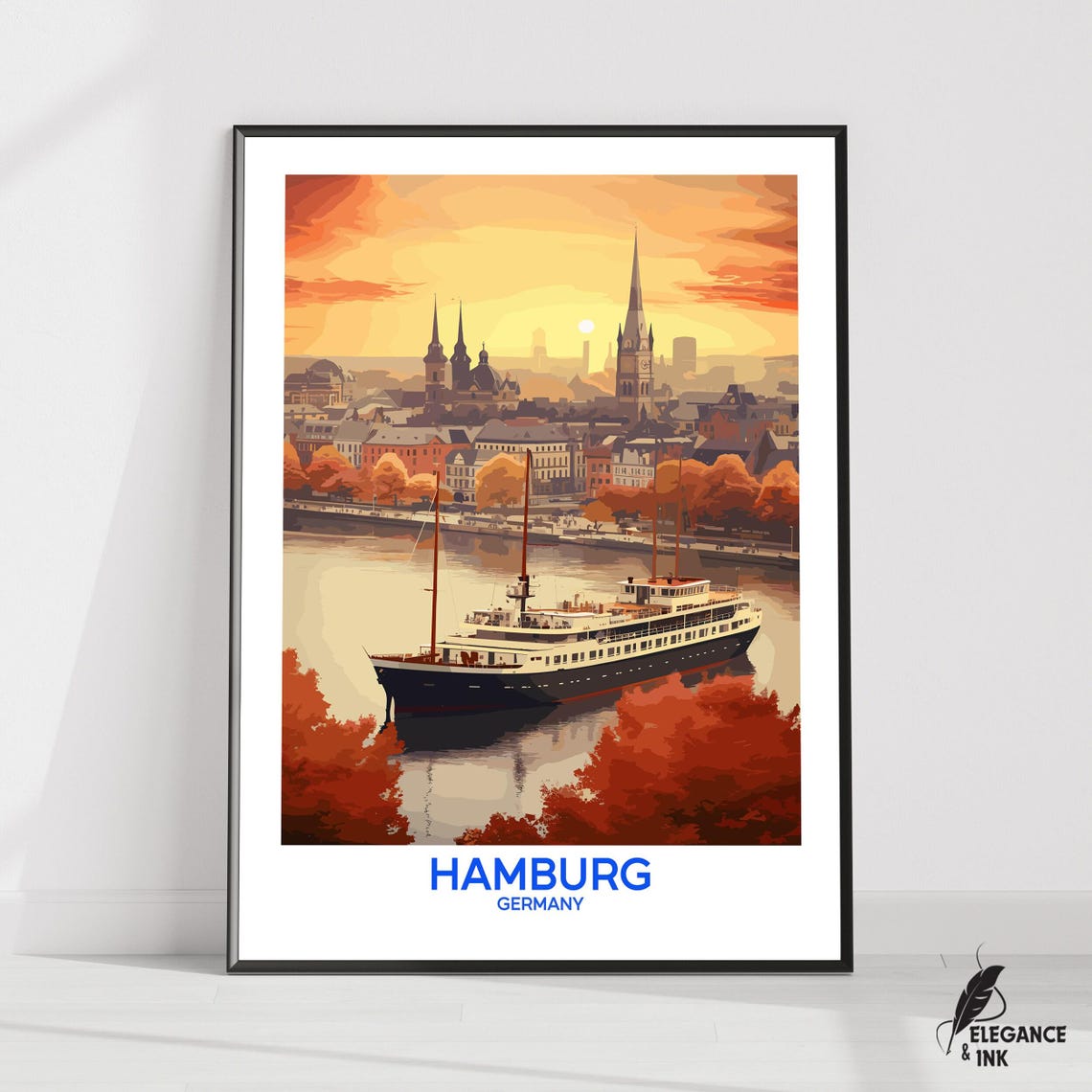 Hamburg Germany Poster With Sunset Over Harbor And Tall Ship Banner