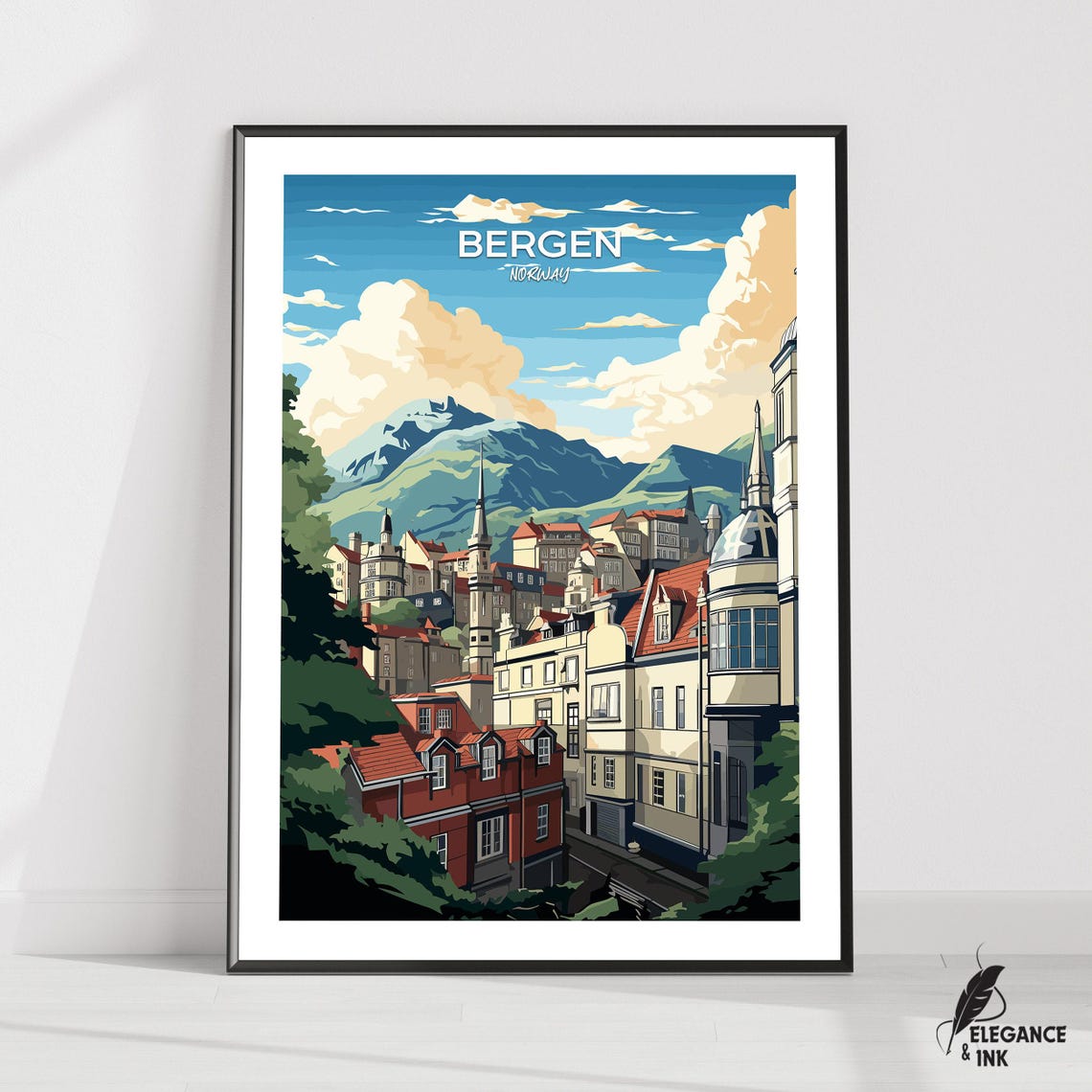 Bergen Norway Mountain Backdrop Old Town Cityscape Art Print