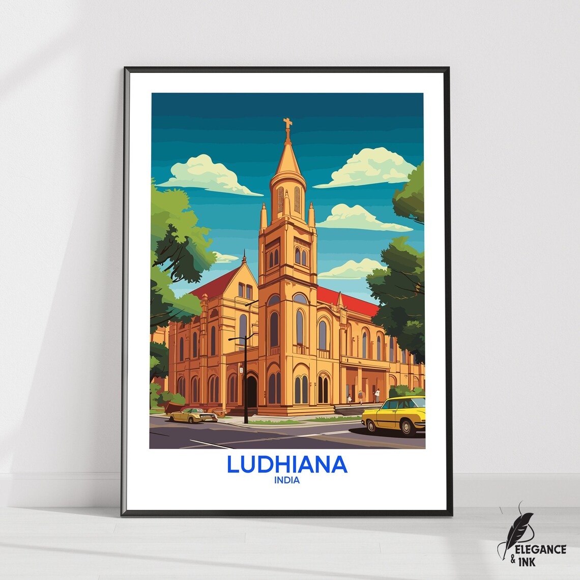 Ludhiana India Golden Church Spire Classic Cars Travel Poster