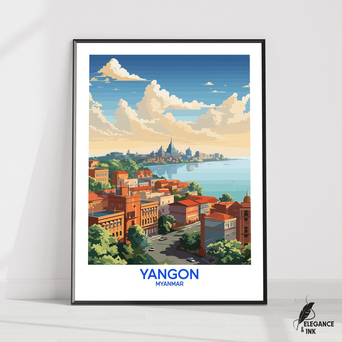 Yangon Myanmar Rooftops Street Waterfront Illustrated Travel Poster