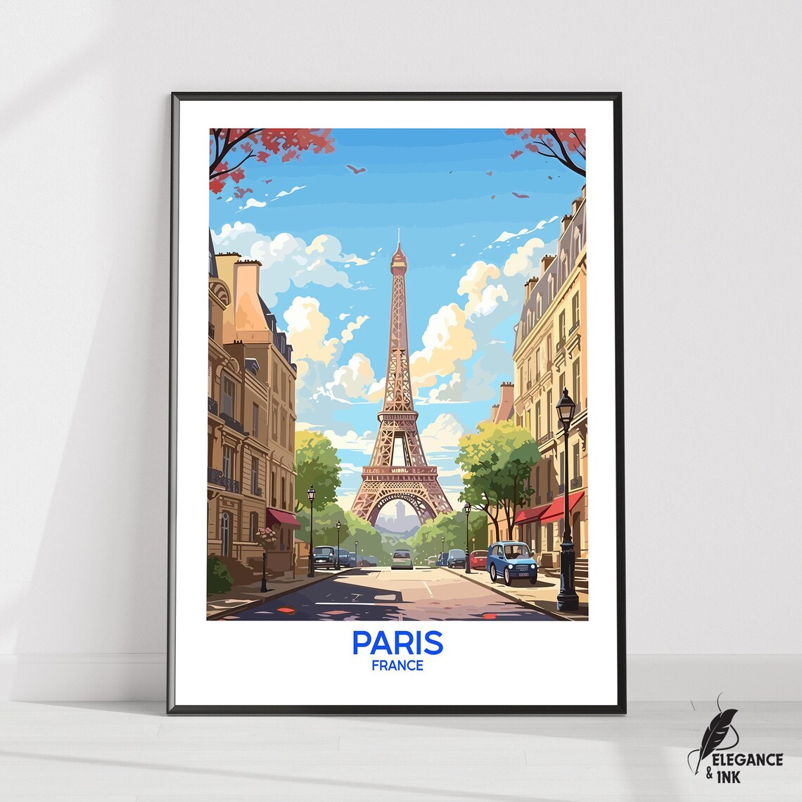 Paris France Eiffel Tower Sunny Street Vintage Travel Poster