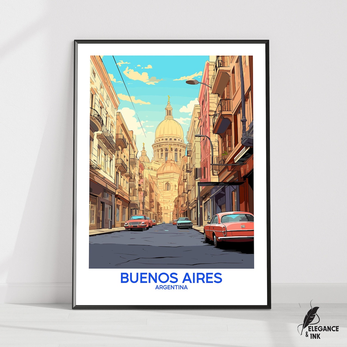 Buenos Aires Argentina Vintage Street Cars City Illustration Poster Blue Title