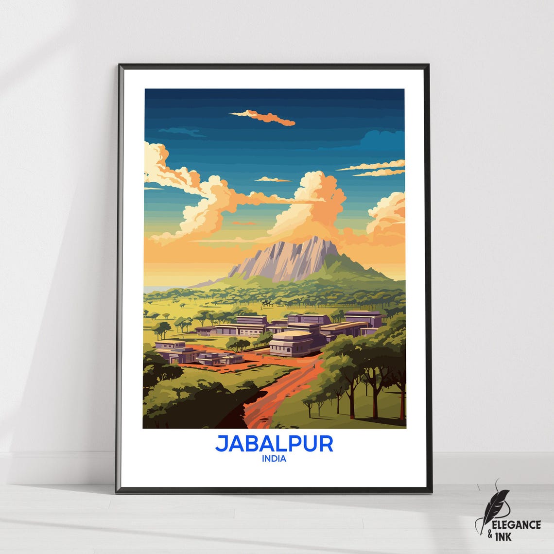 Jabalpur India Mountain Backdrop Town Sunset Vintage Travel Poster