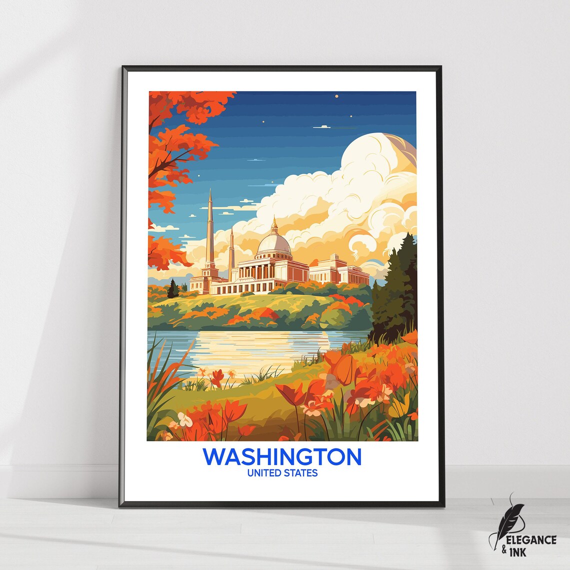 Washington DC Autumn Vintage Travel Poster With Blue Title Text