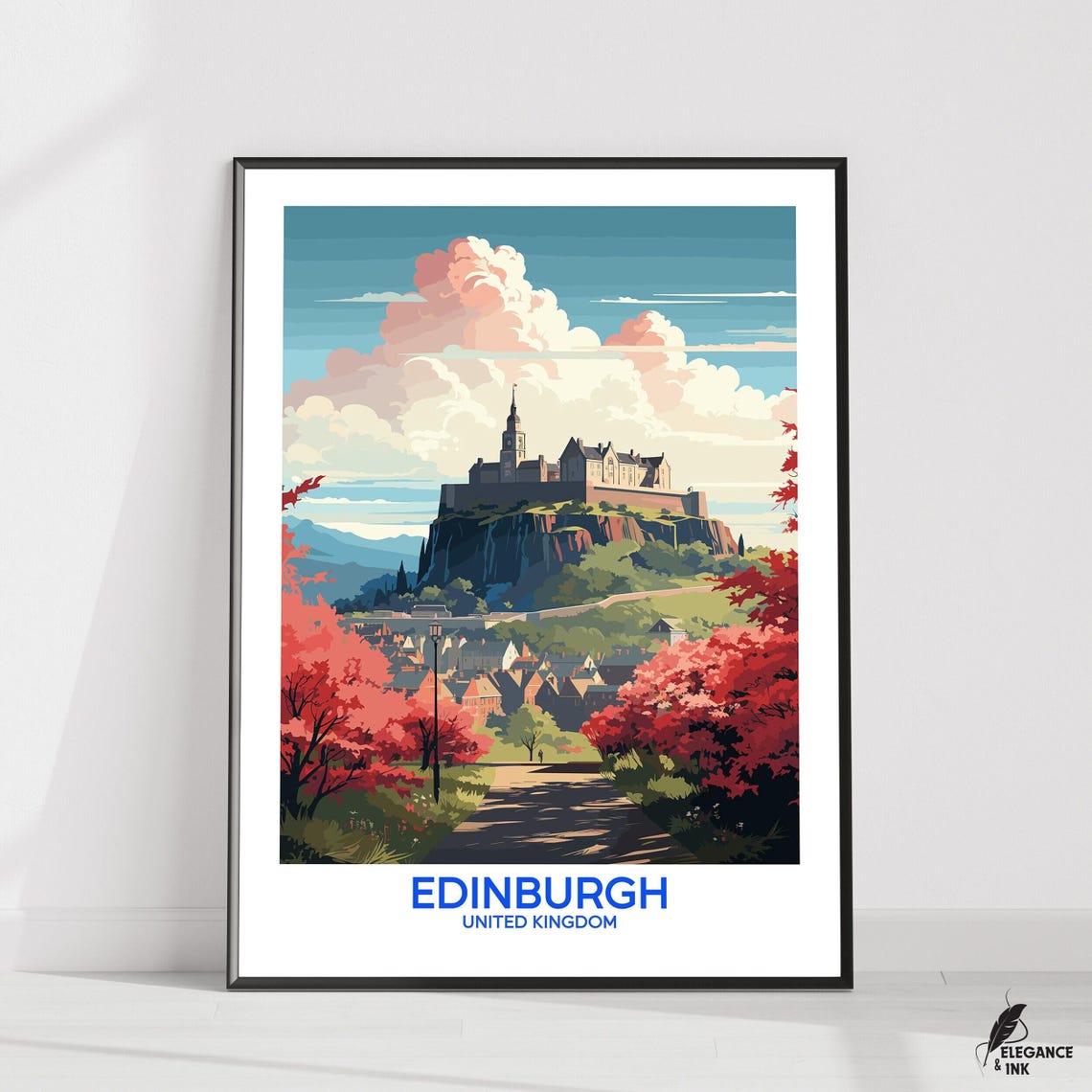 Edinburgh Castle Autumn Illustration Poster With Blue Bottom Title