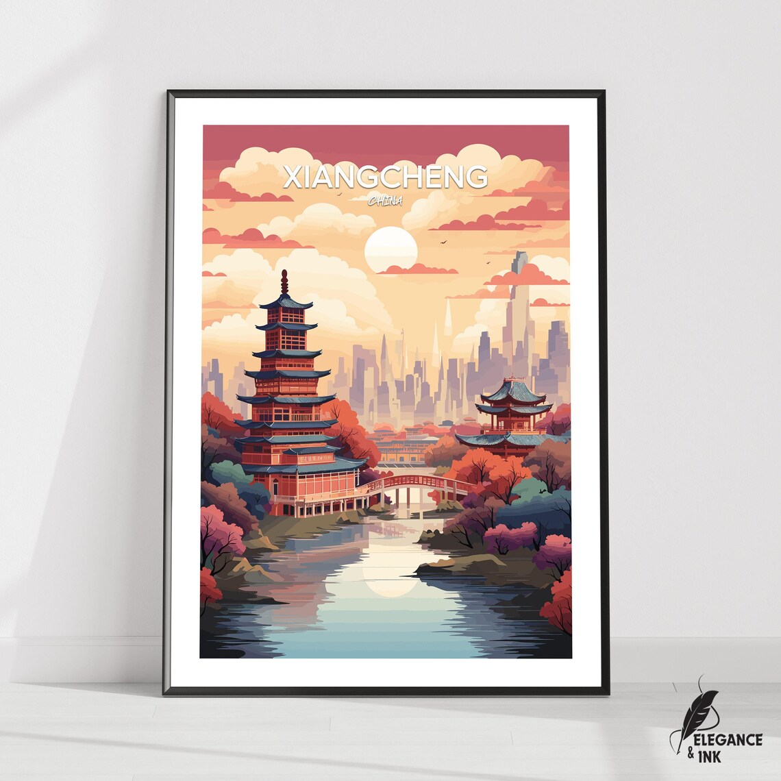Xiangcheng China Pagoda Bridge With City Skyline Travel Poster