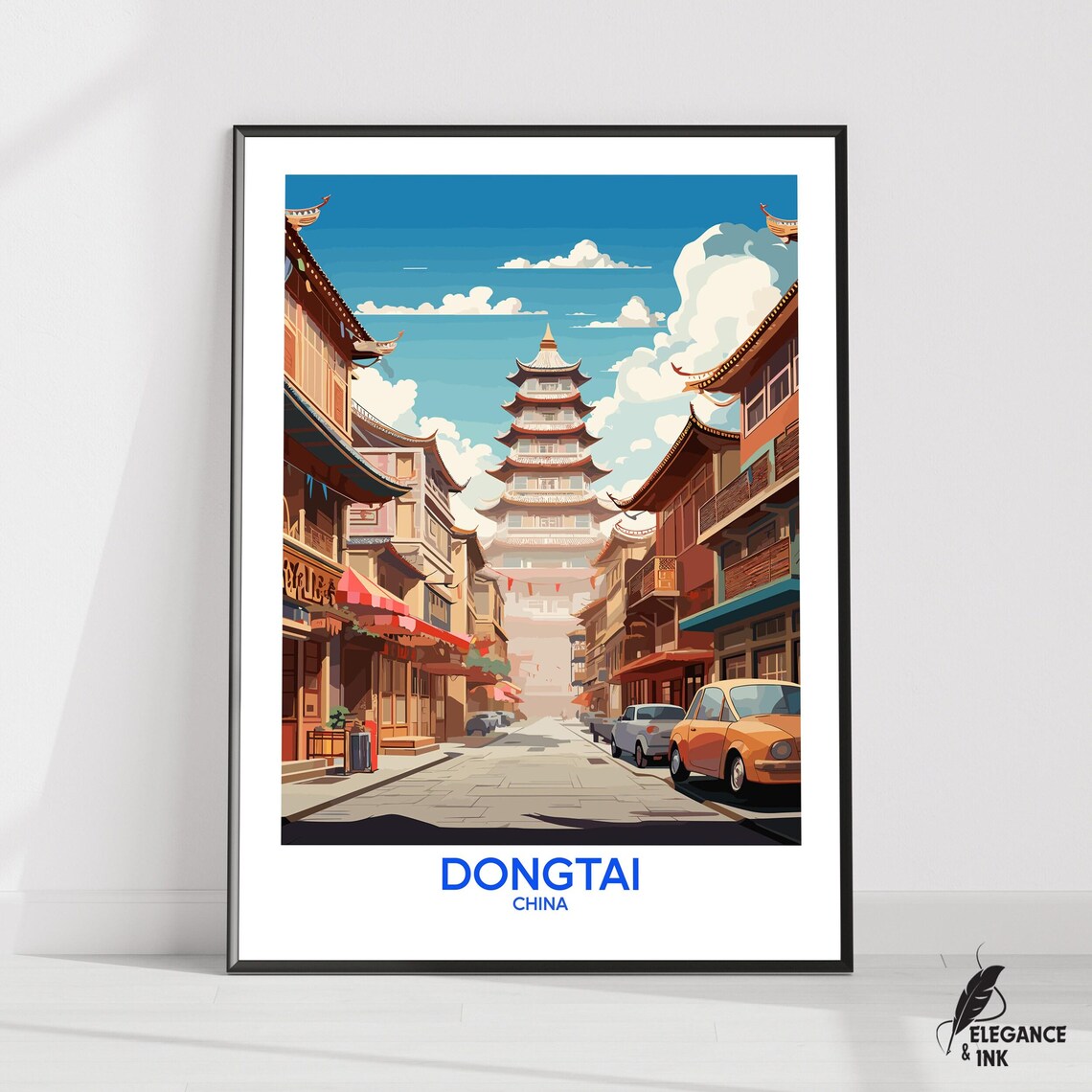 Dongtai China Pagoda Old Street Classic Illustrated Travel Poster