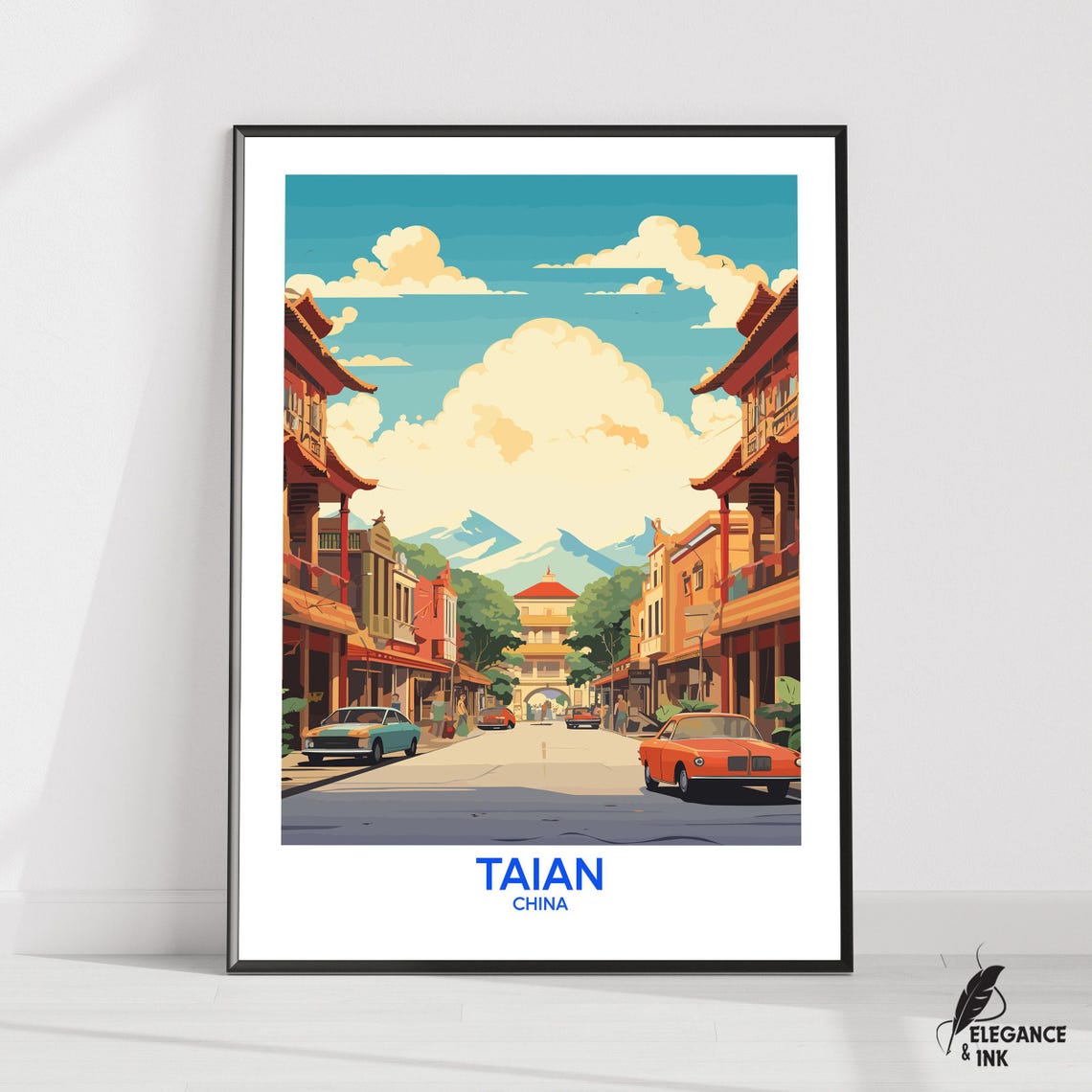 Taian China Poster With Old Street Scene And Mountain Backdrop