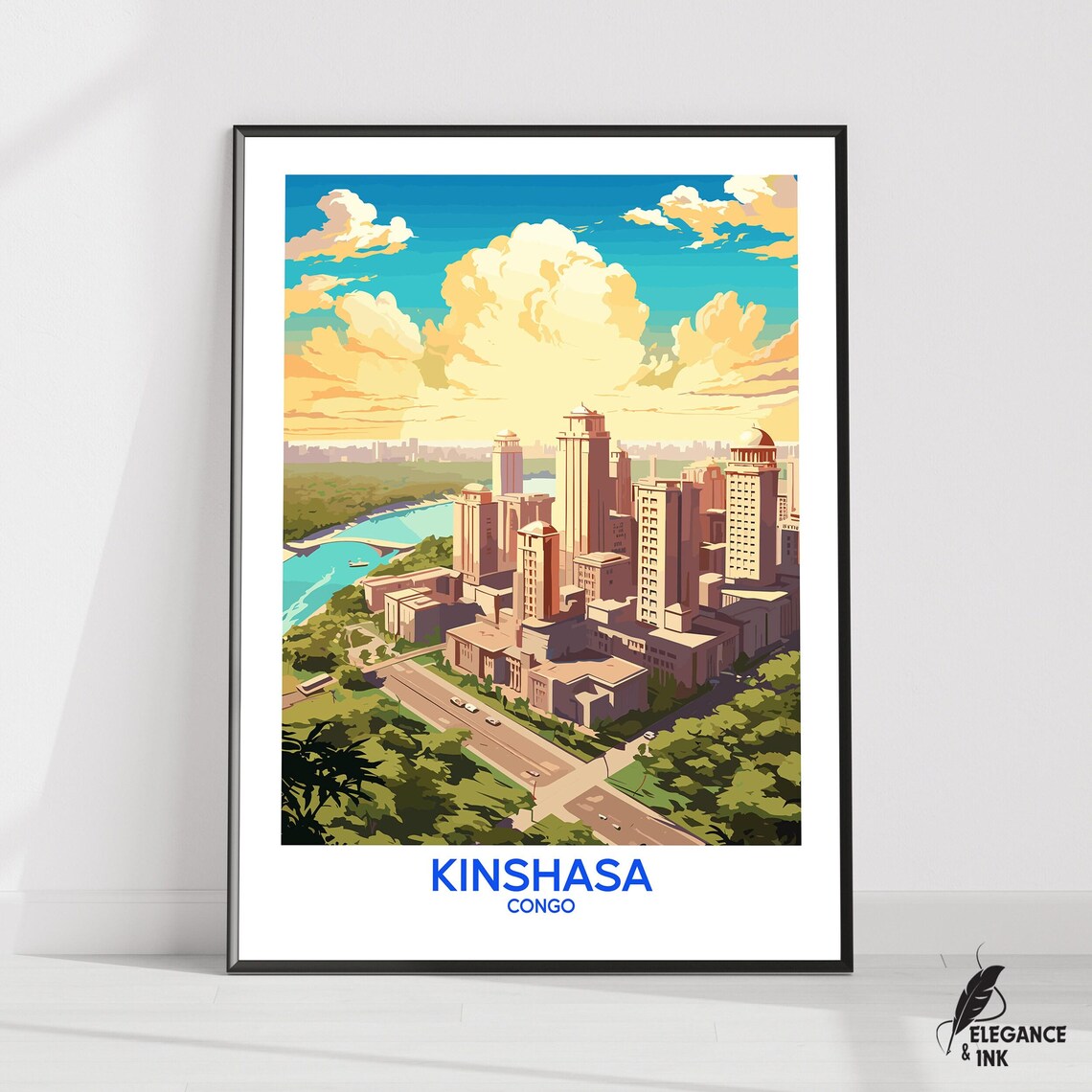 Kinshasa Congo Riverside Skyline Retro Illustration Travel Poster