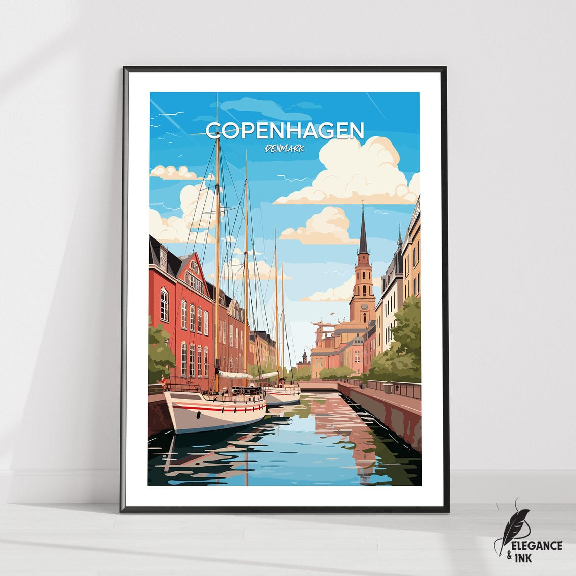 Copenhagen Denmark Harbor Ships Sunny Illustration Travel Poster