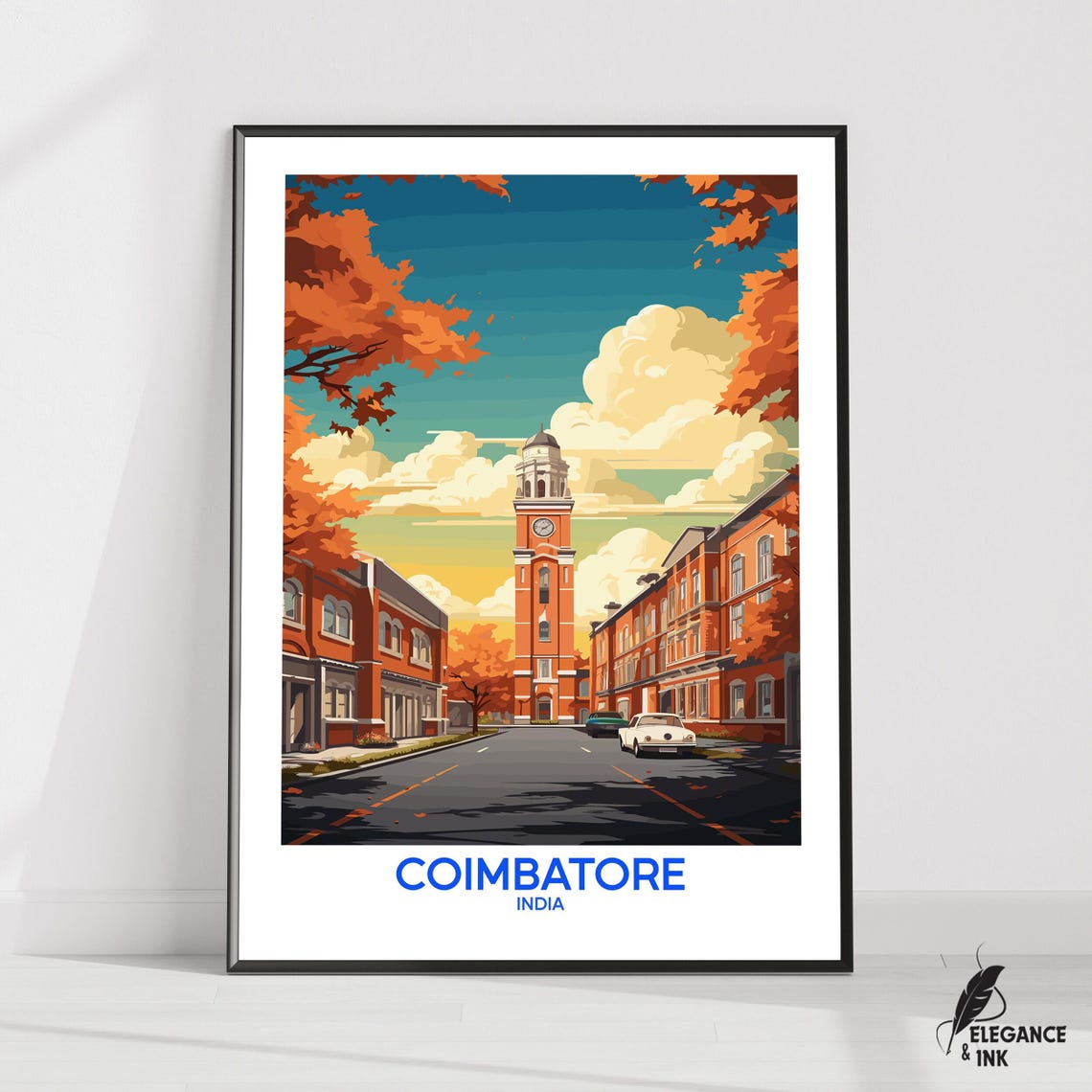 Coimbatore India Clock Tower Street Scene Vintage Travel Poster