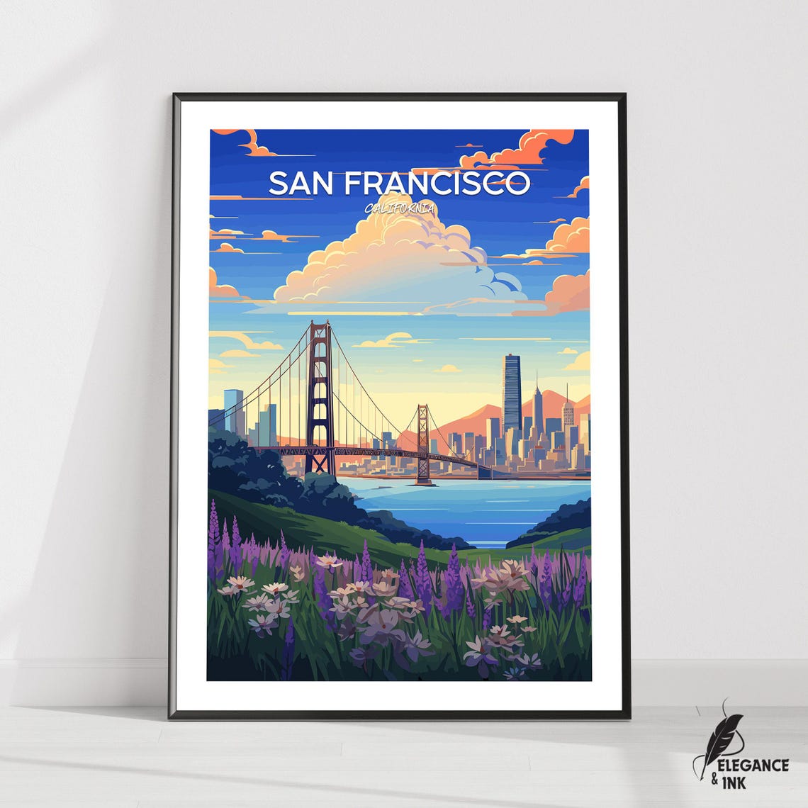 San Francisco Golden Gate Skyline Sunset Illustration Poster
