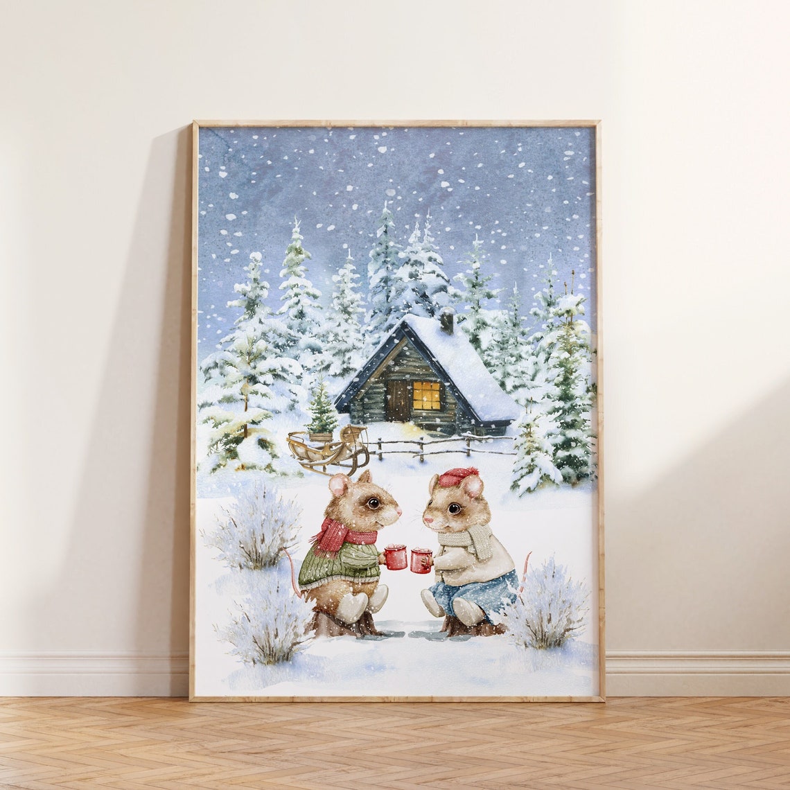 Two Cute Mice Sharing Hot Cocoa Before A Snowy Cabin Wall Art