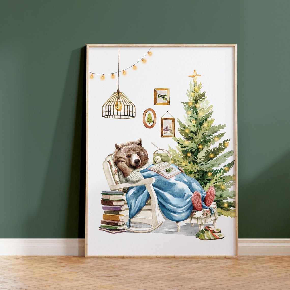 Sleepy Brown Bear Napping By Christmas Tree Watercolor Wall Art
