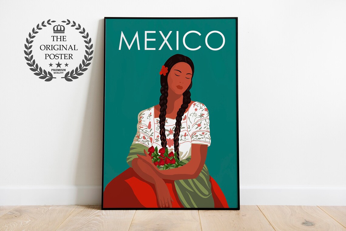 Mexico Travel Poster Traditional Woman Folk Art Colorful Style