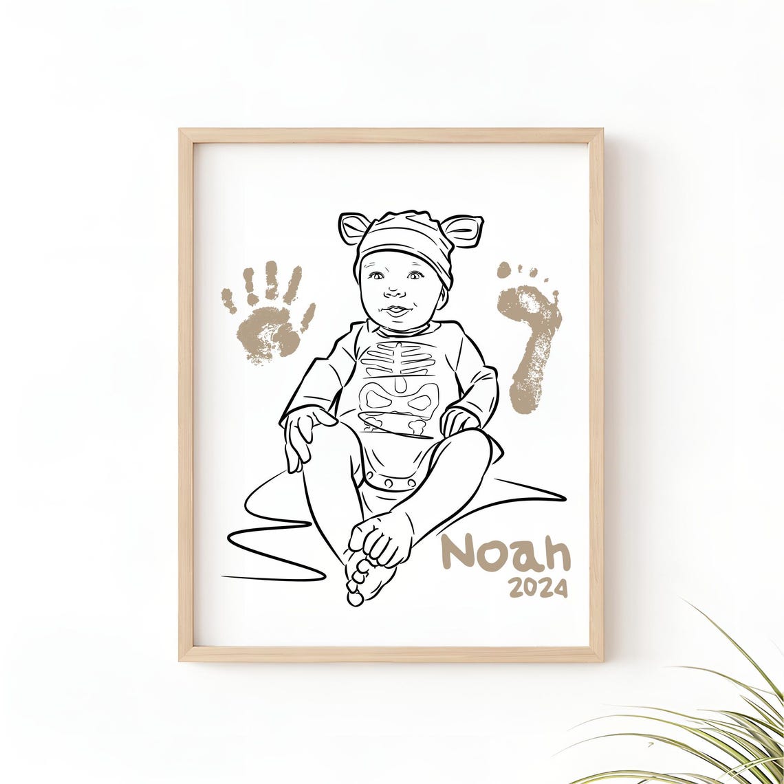 Personalized Baby Footprint and Handprint Line Art Portrait Print