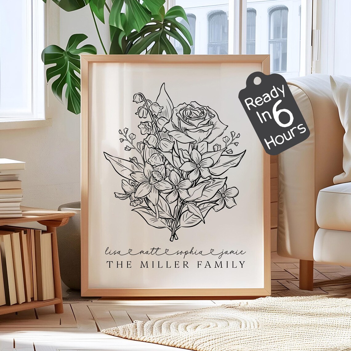 Personalized Family Birth Flower Bouquet Line Art Poster Names