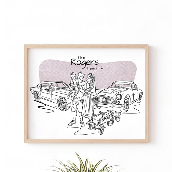 Custom Car Family Line Art Drawing For Fathers Day Gift New Car Guy Gift 1st Anniversary Birthday Gift For Dad Husband Boyfriends