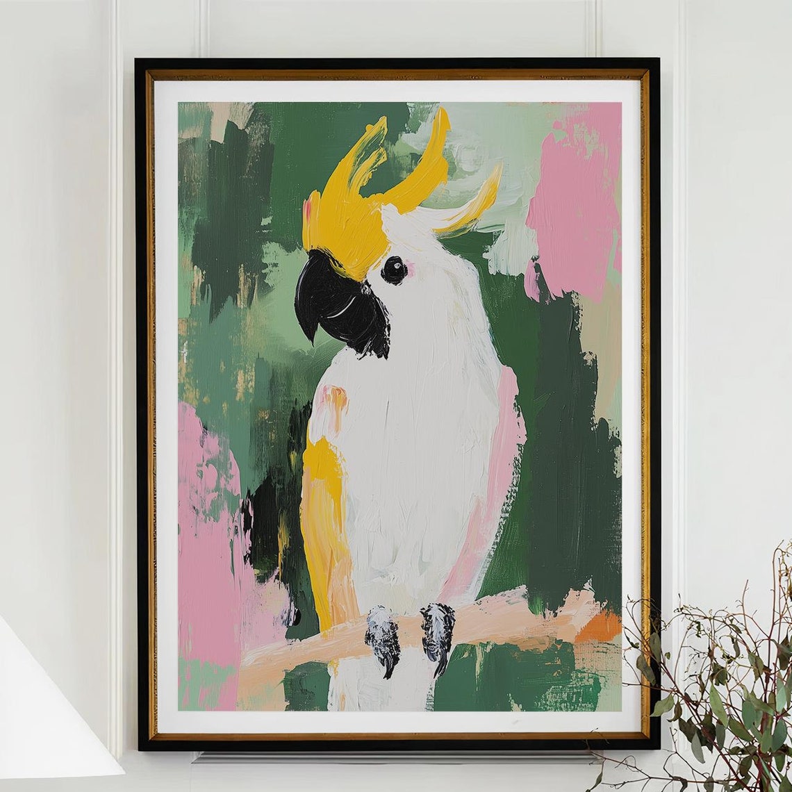 Cockatoo Perched Branch Abstract Modern Painterly Art Poster