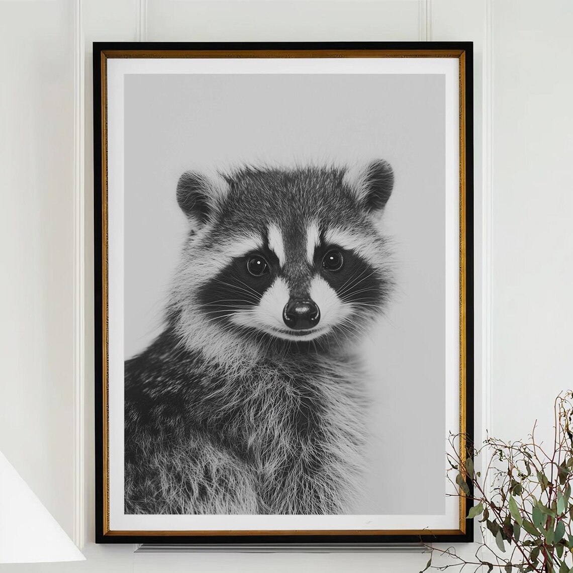 Black and White Baby Raccoon Portrait Cute Photography Poster