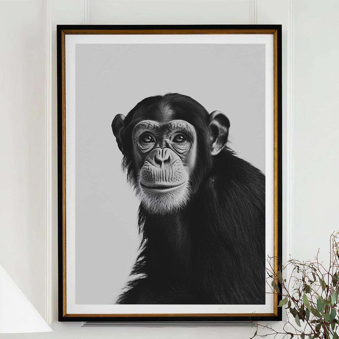 Black and White Chimpanzee Portrait Expressive Primate Art Poster