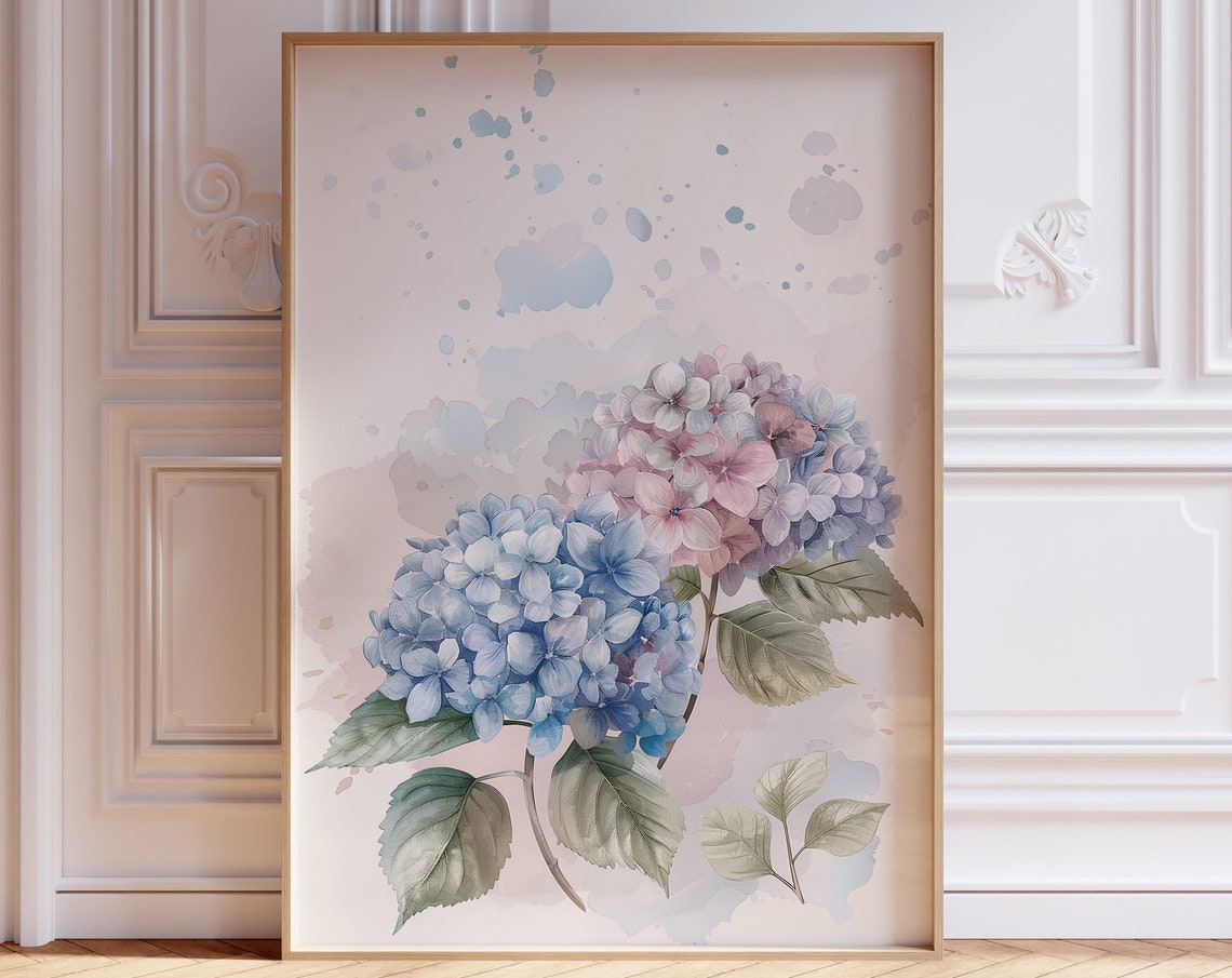 Pastel Blue Pink Watercolor Hydrangea Floral Botanical Poster - Image 4