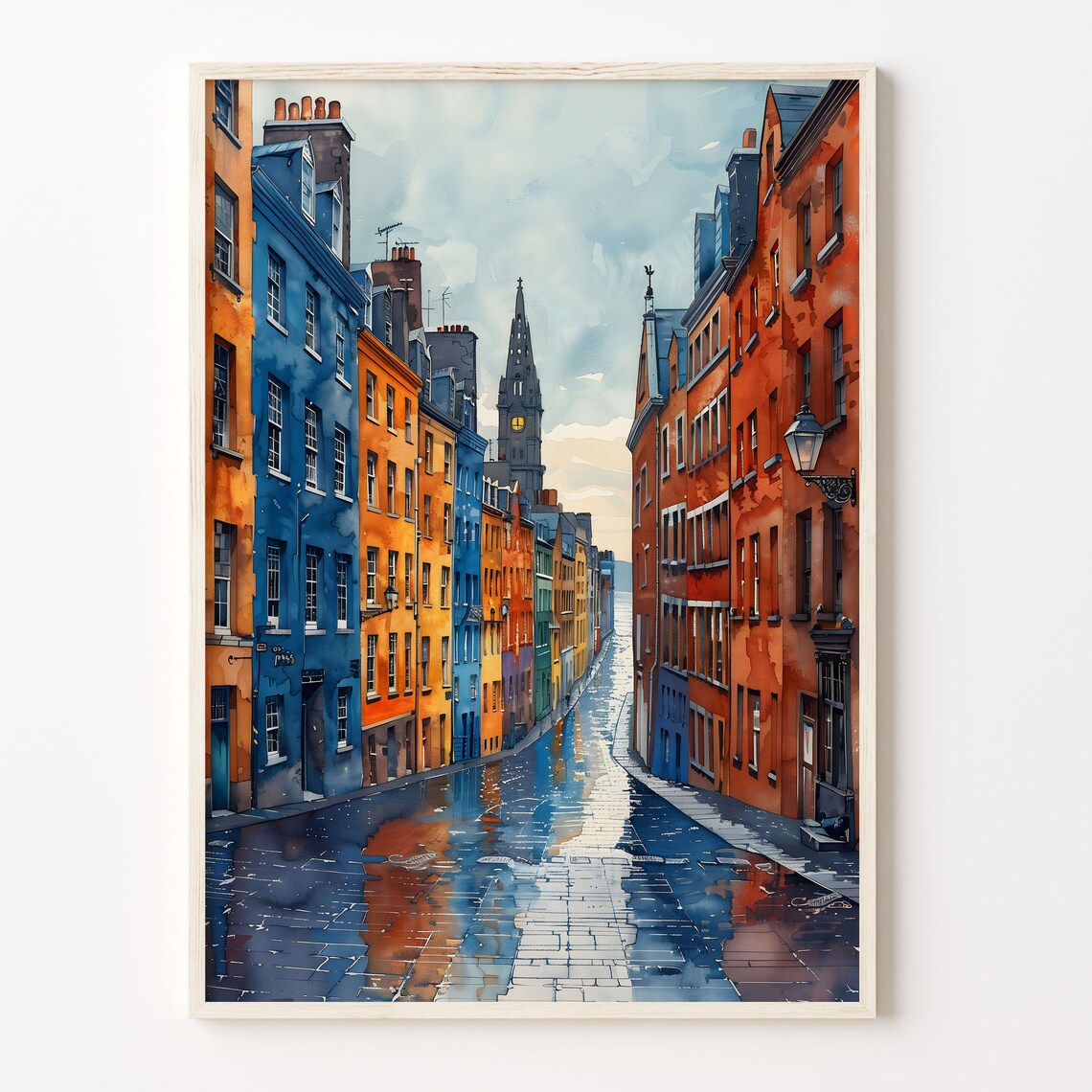 Dublin Street Watercolor Poster Colorful Houses Spire Wet Cobbles