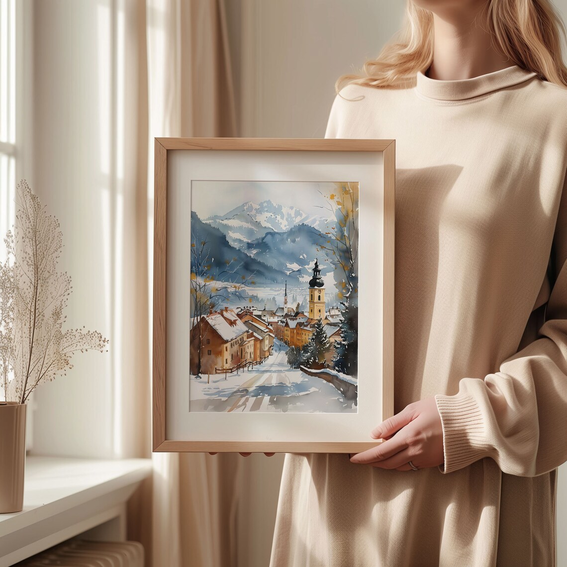 Kitzbuhel Austria Snowy Ski Resort Village Watercolor Winter Poster - Image 2
