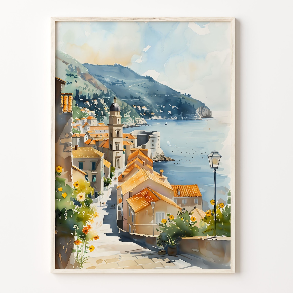 Dubrovnik Old Town Walls Rooftops Adriatic Sea Watercolor Poster