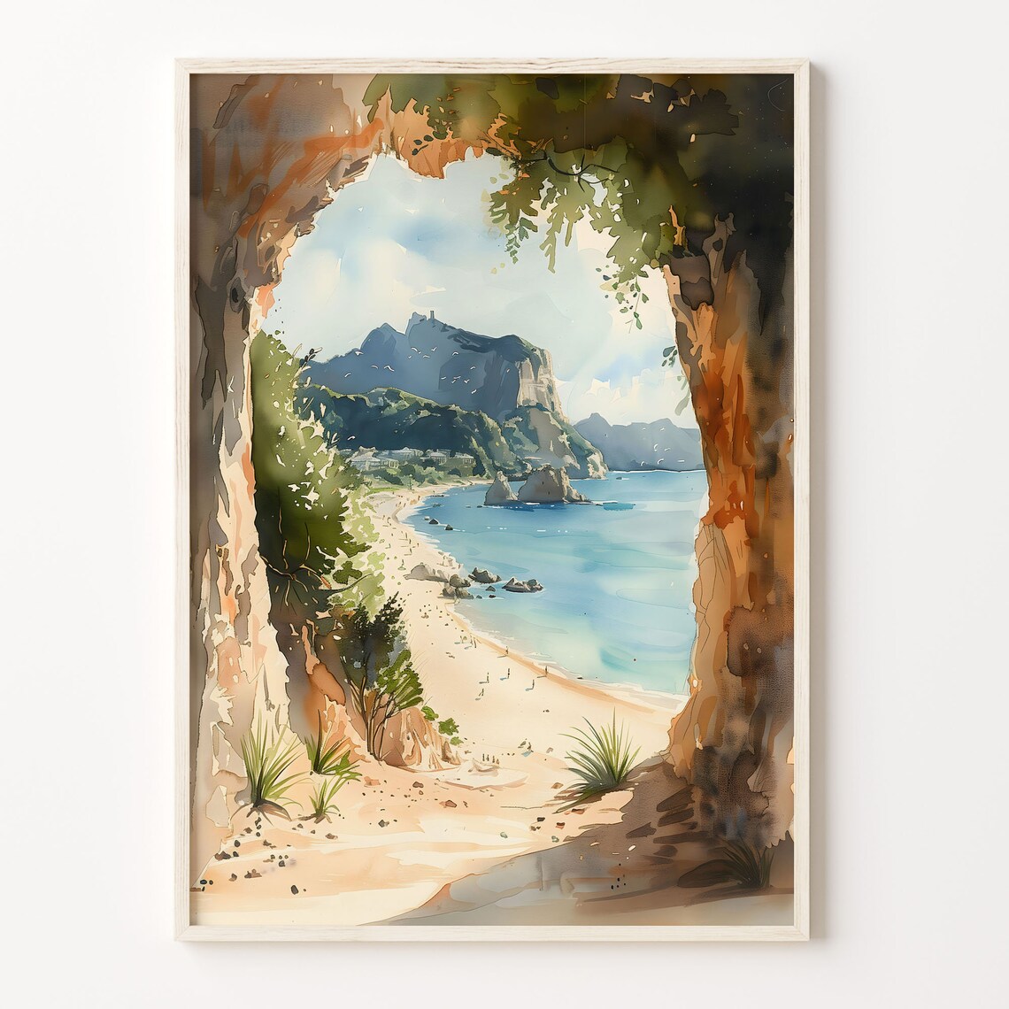 Cathedral Cove Watercolor Painting Art Print, New Zealand