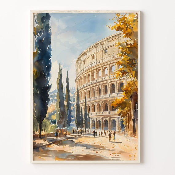 Rome Watercolor Painting Colosseum Travel Poster
