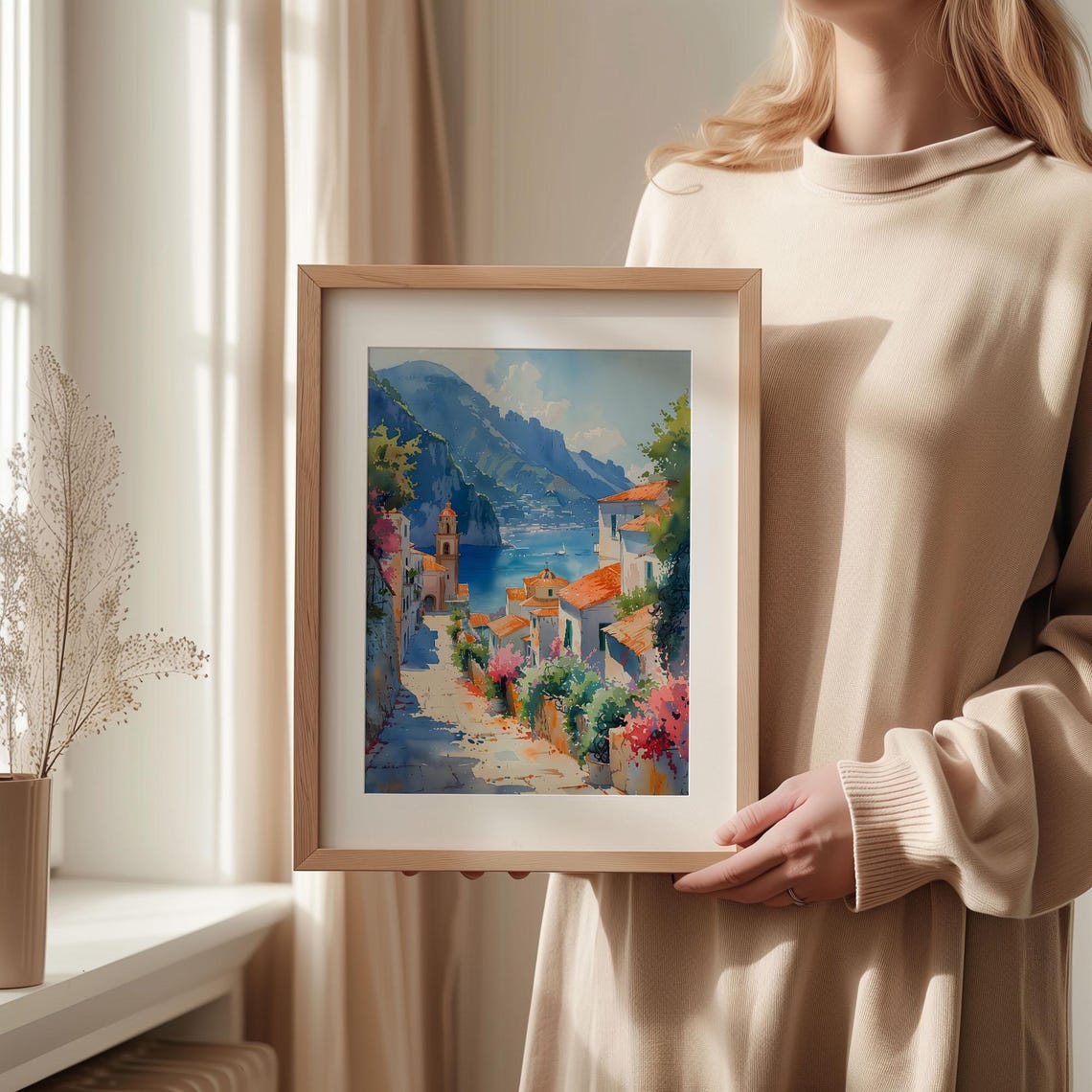Amalfi Coast Italy Seaside Village Watercolor Painting Poster - Image 2