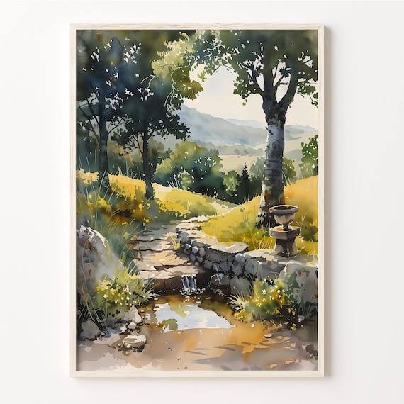 Dartmoor National Park Stream Stone Wall Fountain Trees Watercolor Poster