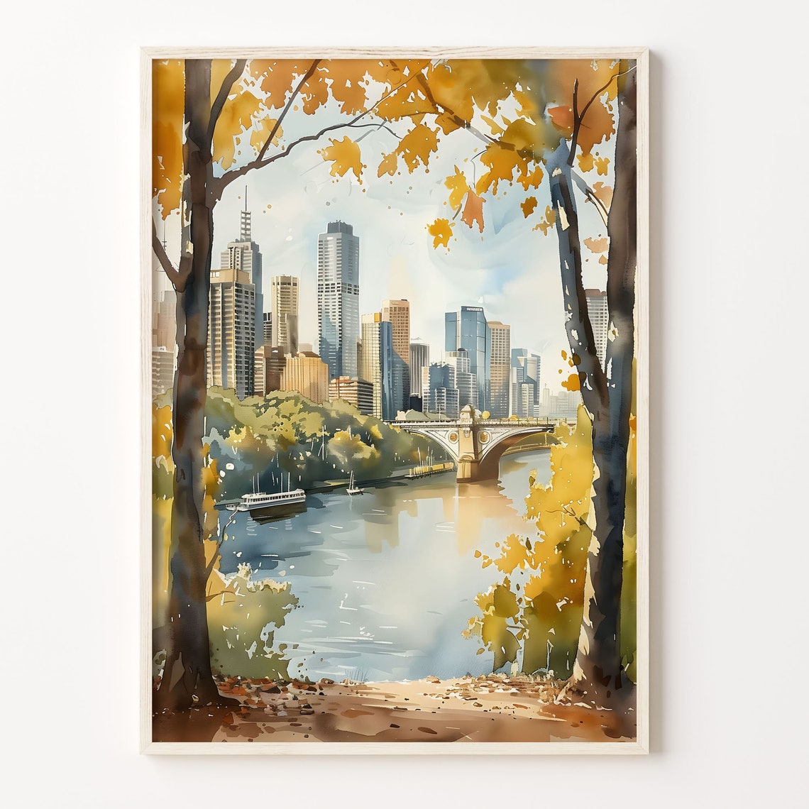 Brisbane Australia River Bridge Skyline Autumn Watercolor Poster