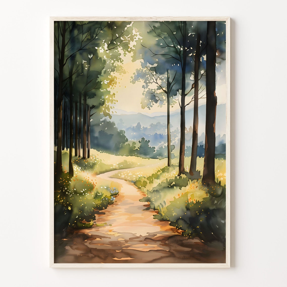 Sunlit Forest Path Watercolor Poster Tall Trees Golden Meadow Walk