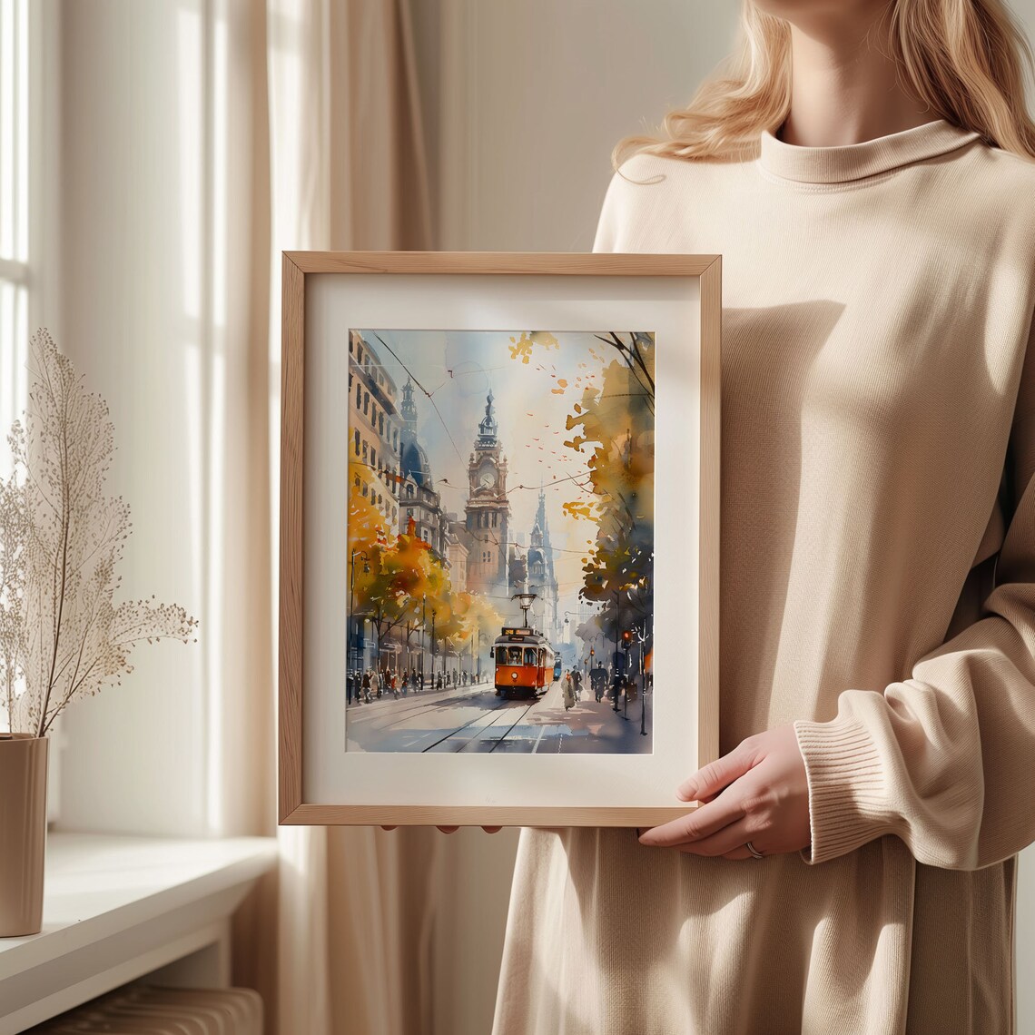 Manchester UK Autumn Tram Street Clock Tower Watercolor Travel Poster - Image 2