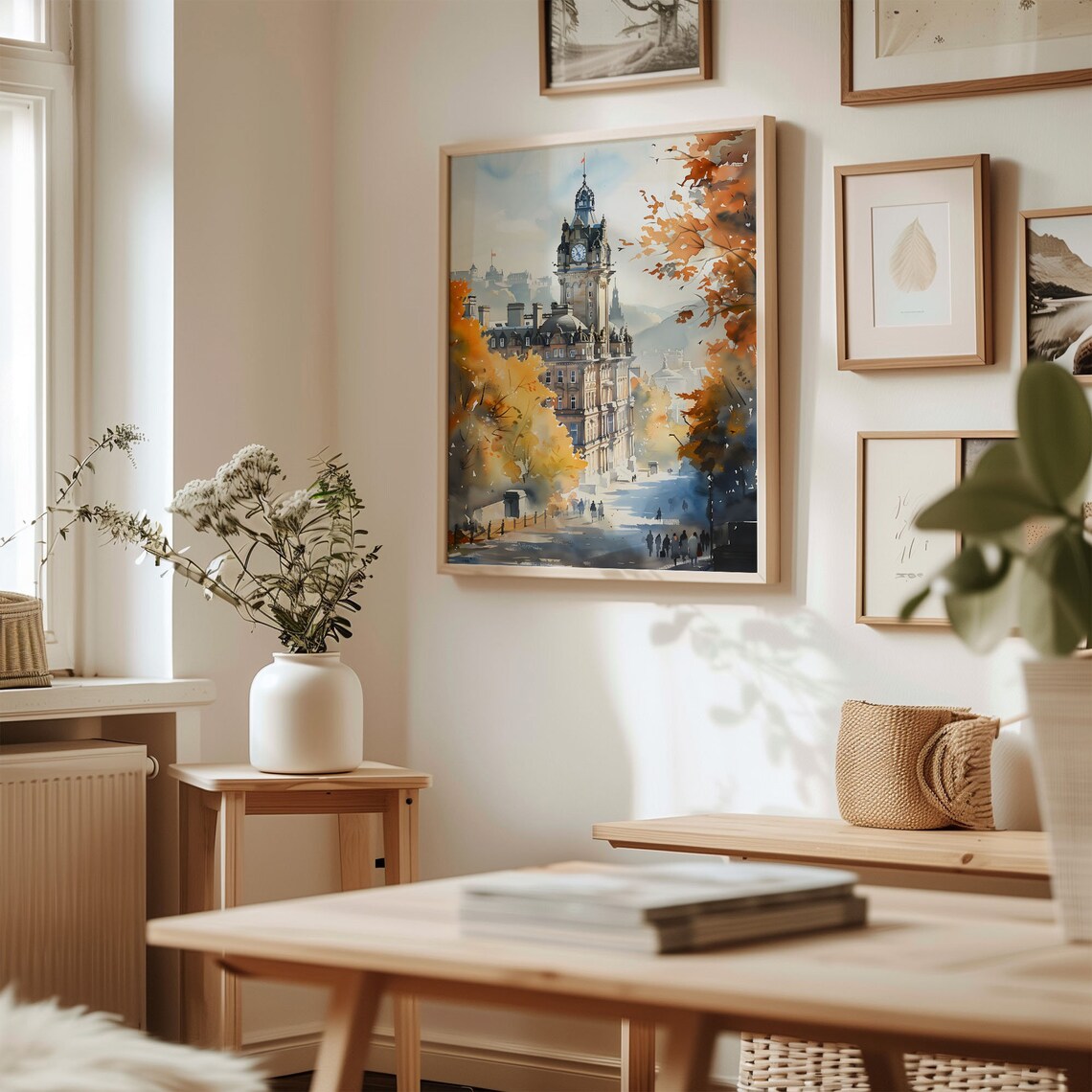 Edinburgh Scotland Castle Clock Tower Autumn Street Watercolor Poster - Image 3