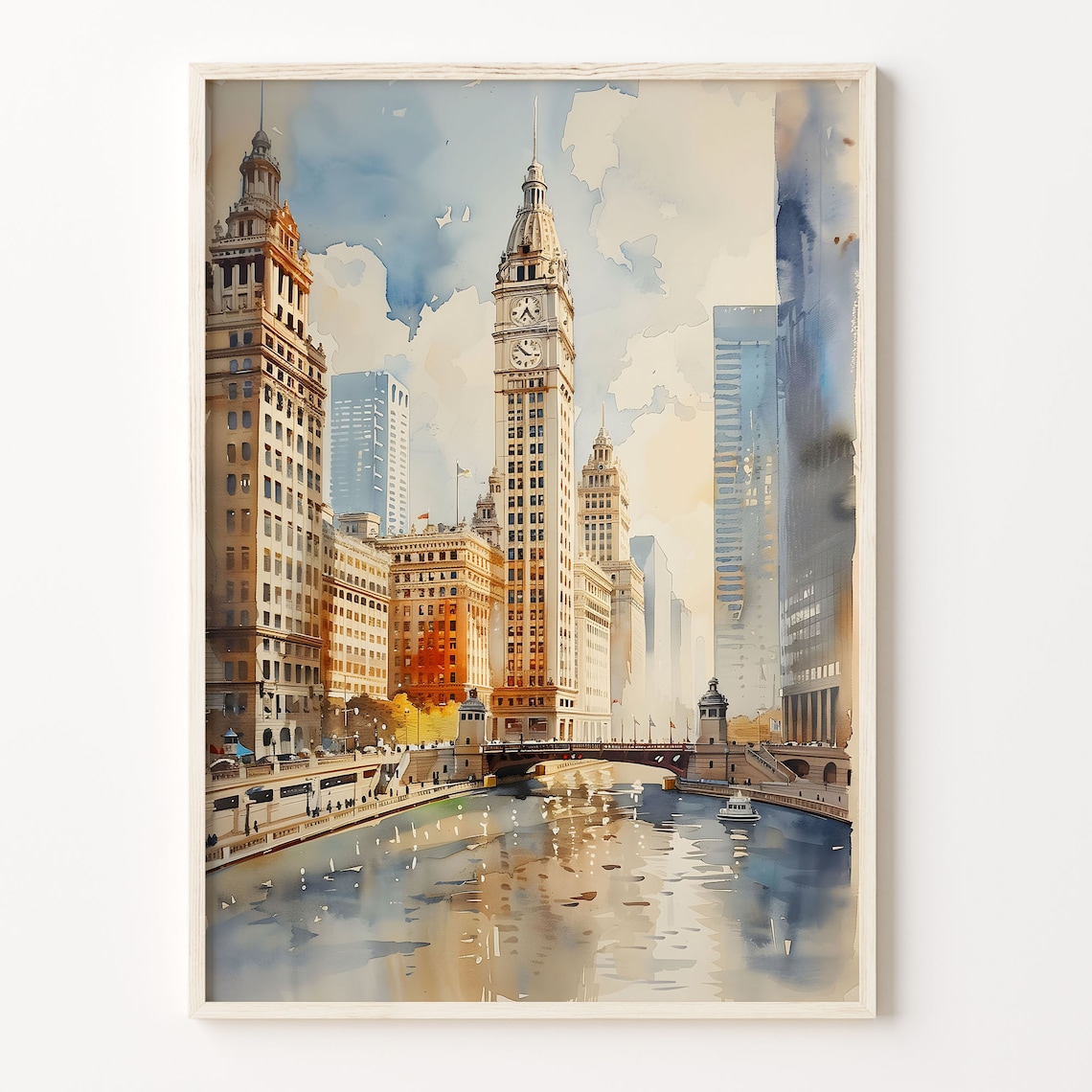 Chicago Skyline Watercolor Travel Poster, Wall Art Print