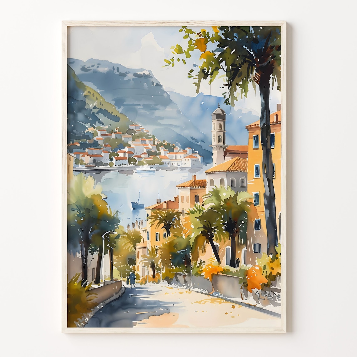 Split Croatia Bell Tower Palm Coast Mountains Watercolor Travel Poster
