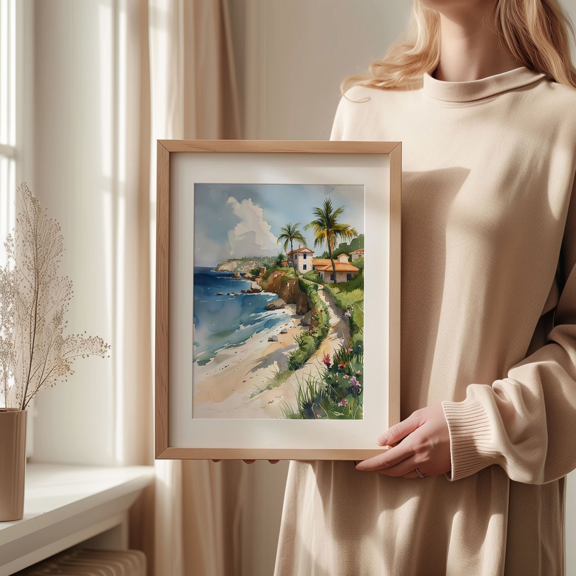 Barbados Caribbean Beach Coastal Villa Palm Trees Watercolor Print - Image 2