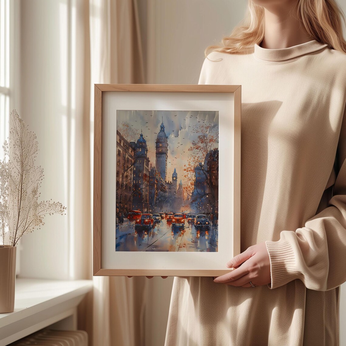 Manchester England Rainy City Street Vintage Cars Clock Tower Watercolor Poster - Image 2