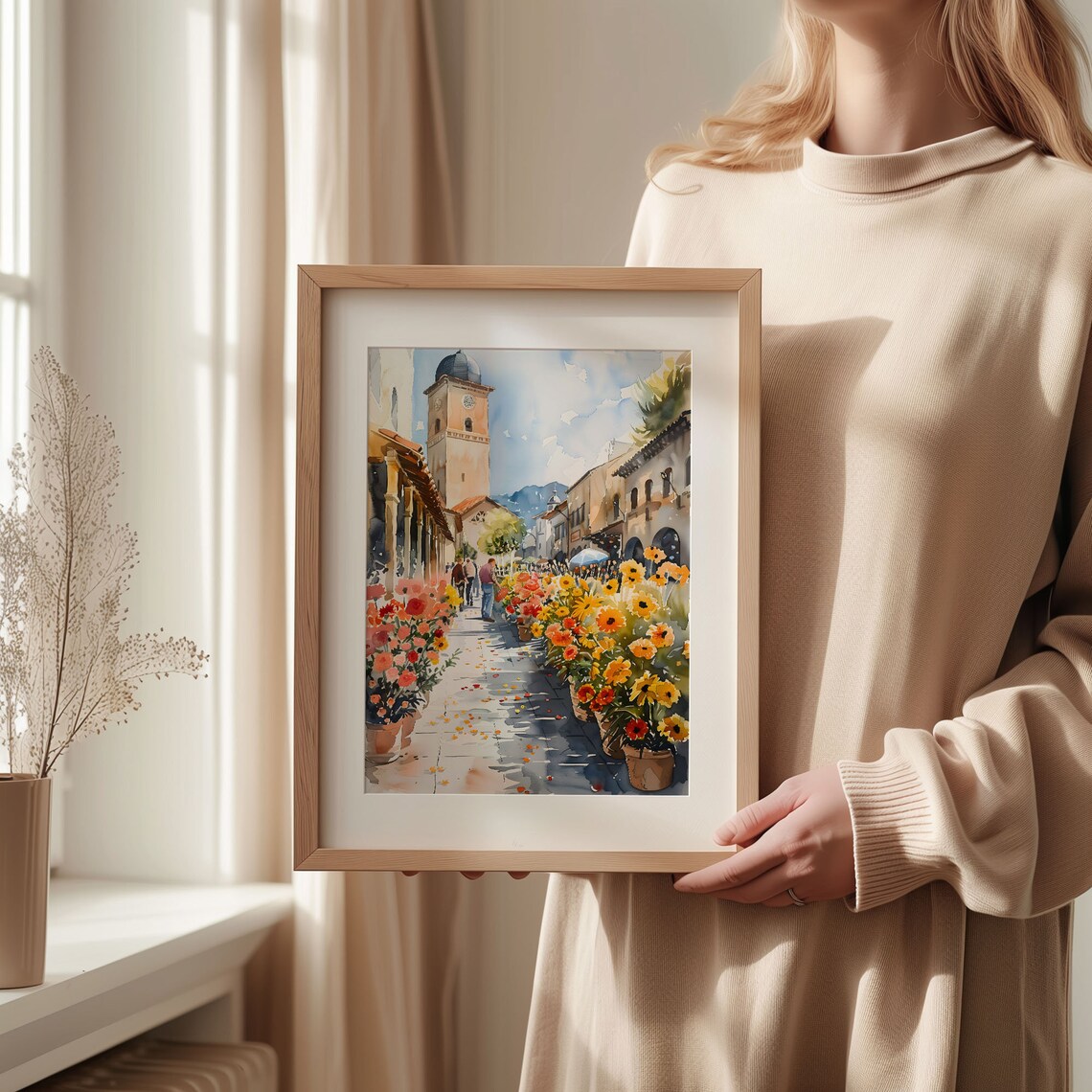 Sunny Flower Market Street Old Town Sunflowers Watercolor Poster - Image 2