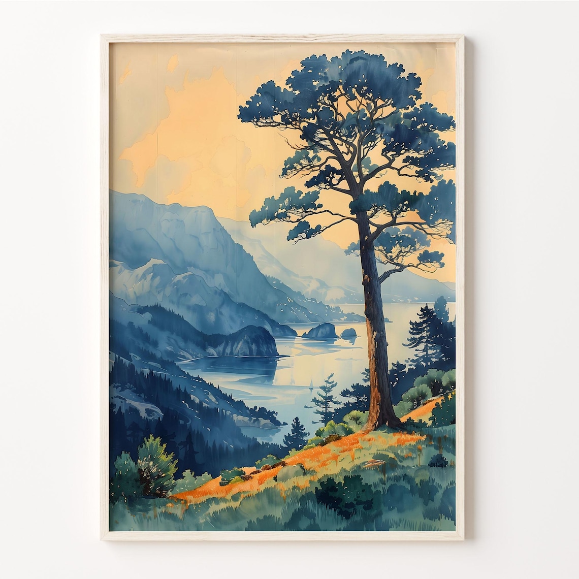 Mount Tamalpais California Sunset Bay Pine Tree Watercolor Poster