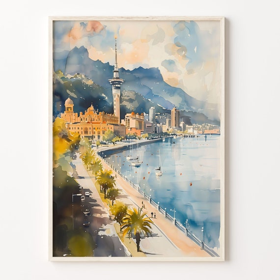 Auckland Evening Watercolor Travel Poster, New Zealand
