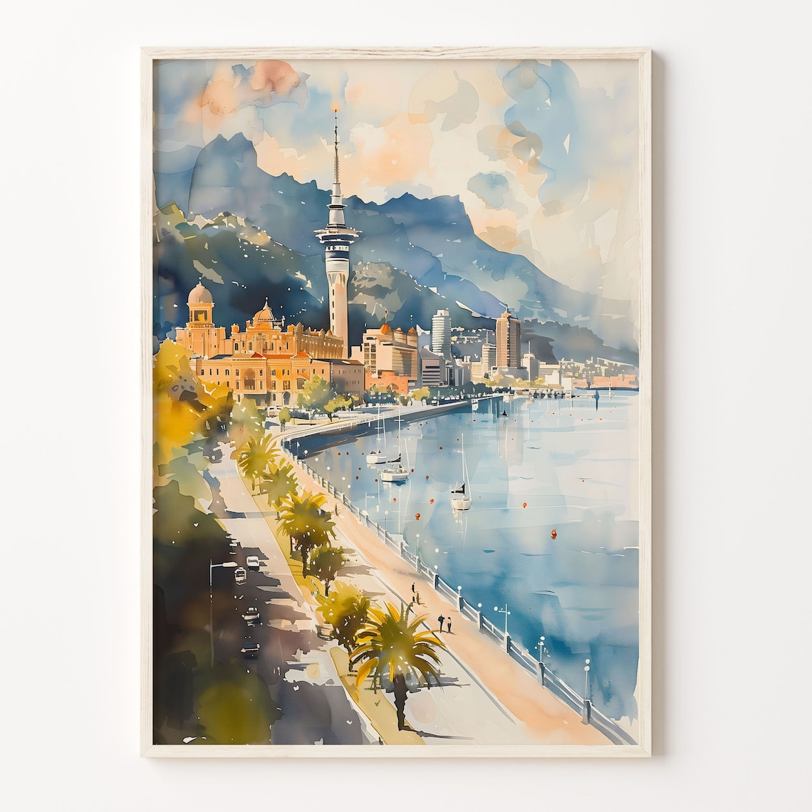 Auckland Evening Watercolor Travel Poster, New Zealand