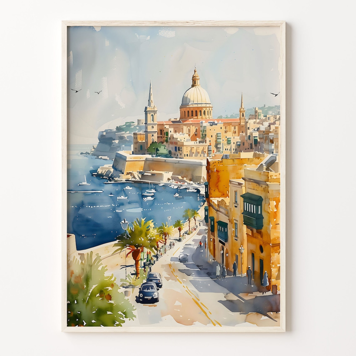 Valletta Malta Watercolor Travel Poster, Wall Art Print
