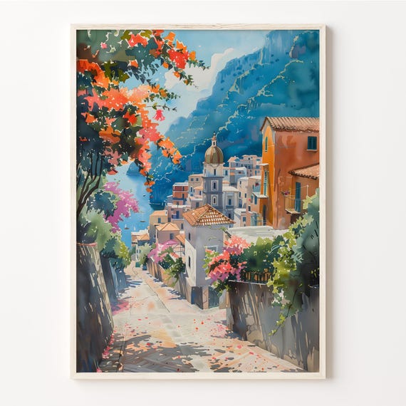 Positano Watercolor Travel Poster, Vintage Style