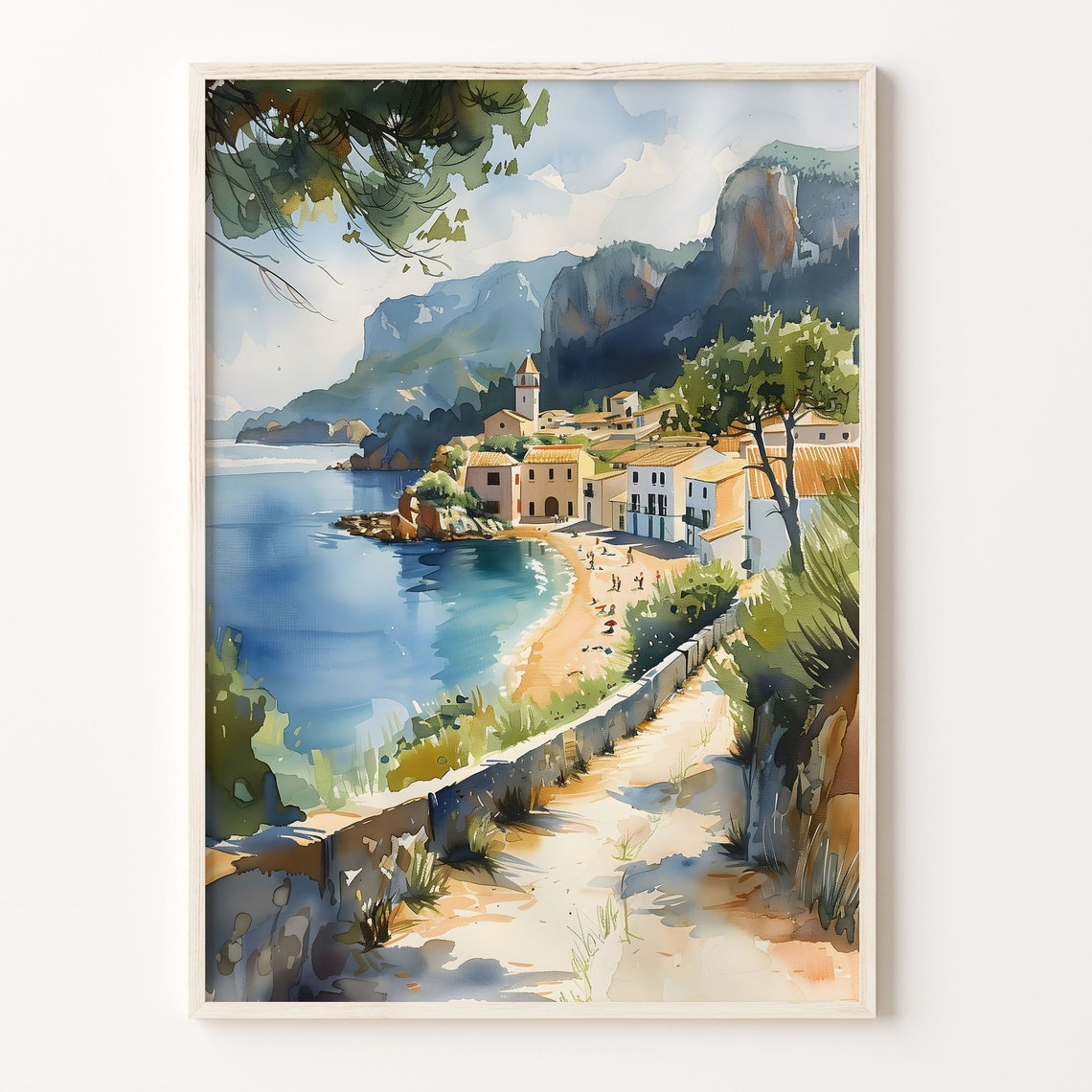 Mallorca Coastal Village Sandy Beach Cliffs Watercolor Travel Poster