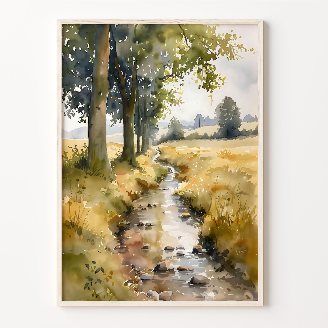 Northumberland Countryside Stream Golden Meadow Trees Watercolor Poster