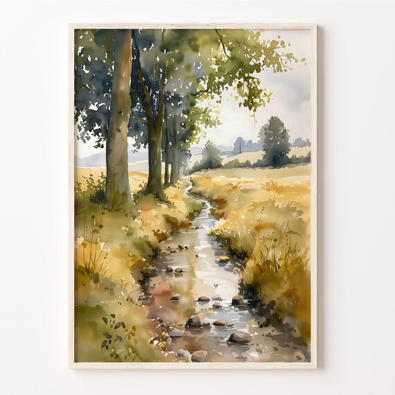 Northumberland Countryside Stream Golden Meadow Trees Watercolor Poster